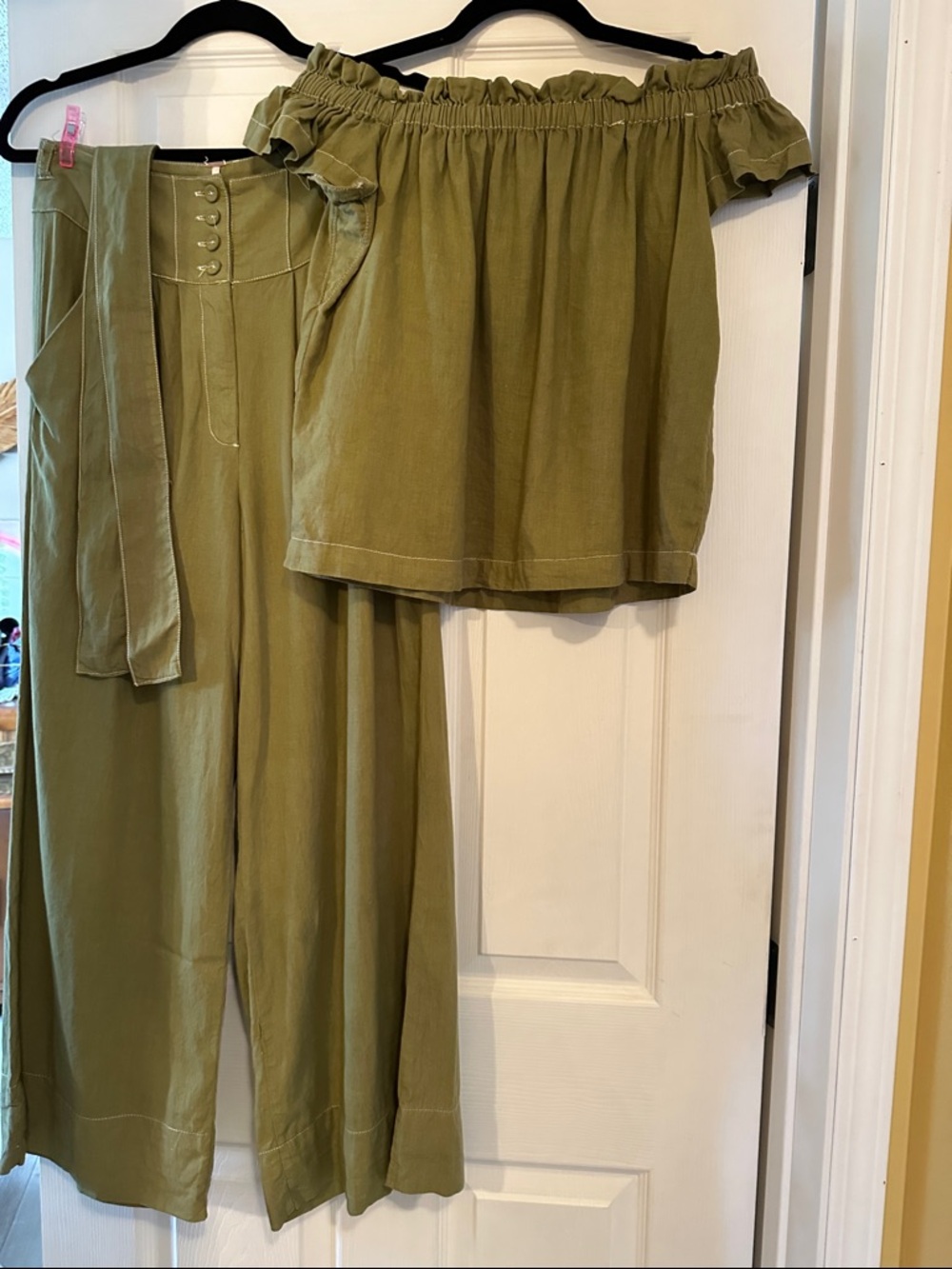Free People Olive Green Off-Shoulder Top & Wide-Leg Pants Set